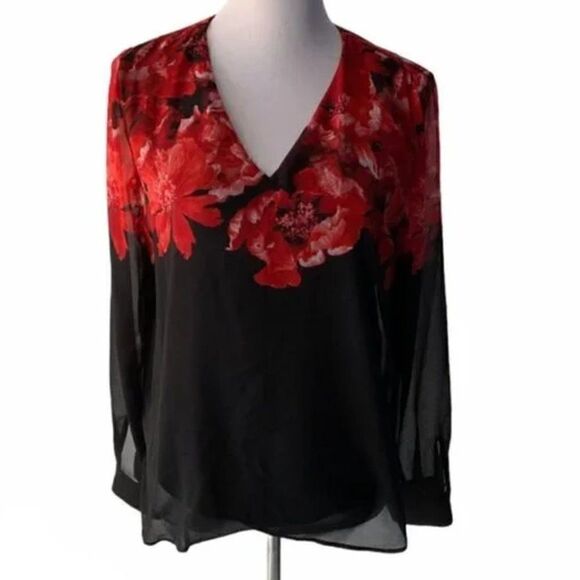 Calvin Klein V Neck Red Floral Blouse size S - Picture 1 of 5
